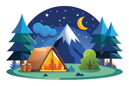 A colorful illustration depicting a campsite in a mountainous forest at night. A lit campfire burns inside a tent with a crescent moon and a sky full of stars visible. vector