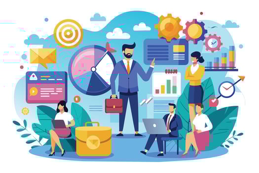 A team of business professionals collaborate on a project, analyzing data and charts to achieve their objectives. vector