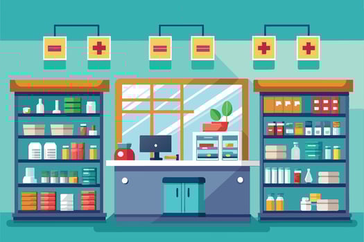 A colorful cartoon illustration of a modern pharmacy interior featuring two shelving units filled with various products, a counter with a computer, and a window with a plant. vector