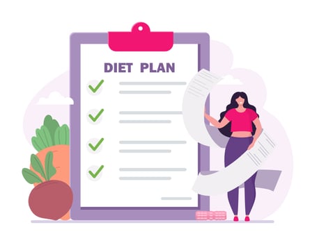 Diet plan illustration. People training and doing sports and fitness. vector