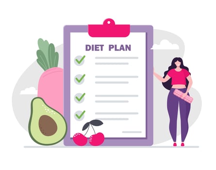 Diet plan illustration. People training and doing sports and fitness. vector