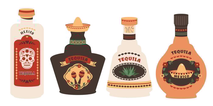 Tequila bottle set. Glass bottles of different shapes, size, color with mexican elements. Alcoholic beverages in retro style. Mexico tequila with Vintage labels. illustration vector