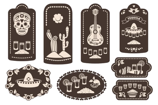 Tequila sticker set isolated. Vintage labels of different shapes, size with Mexican national elements. Tequila shots. Maracas, guitar, skull, glasses, cactus, hat. illustration vector