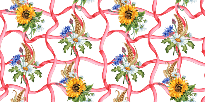 Blue cornflowers, daisies, sunflowers and ears of wheat and pink ribbon mesh watercolor illustration. Wildflower botanical composition element isolated from background. Suitable for textiles, png