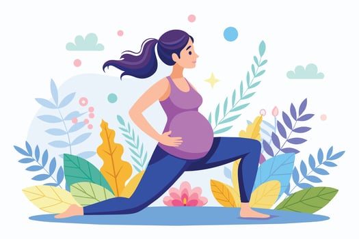 A pregnant woman practices yoga by performing a lunge exercise outdoors. She is wearing comfortable workout clothes and has her hair pulled back in a ponytail. vector