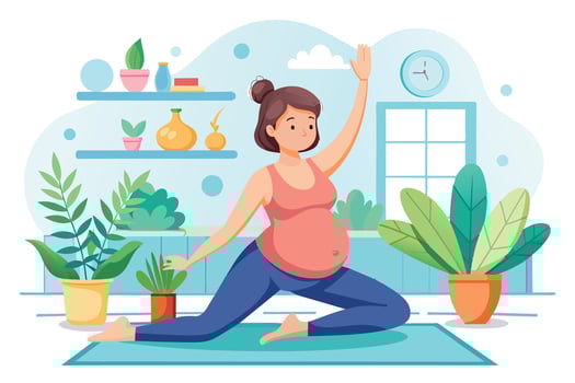 A pregnant woman in blue yoga pants and a pink tank top practices yoga on a light blue mat in her home studio surrounded by green plants, with her arm raised. vector