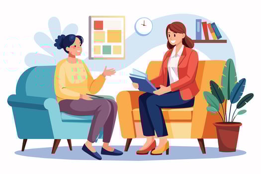 In an office, a woman on a blue chair talks to a counselor on an orange chair. The woman gestures while the counselor listens attentively with a file. vector