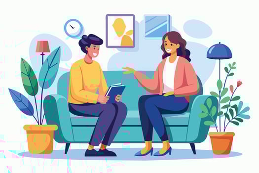A woman and a man are sitting on a couch and talking. The woman is smiling and gesturing with her hand. The man is holding a book. vector