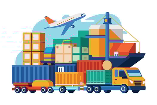 An illustration depicting international trade and shipping, featuring a cargo ship, a truck, an airplane, and various cargo containers. vector