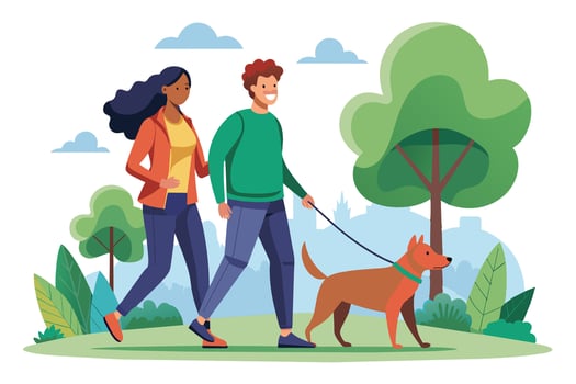 A cartoon illustration of a couple walking their dog in a park on a sunny day. The couple is smiling and happy, and the dog is excited to be out for a walk. vector