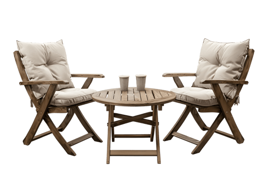 Relaxing outdoor bistro set with cushioned chairs and small table for patios Isolated on transparent background png