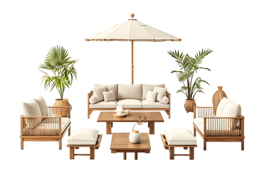 Stylish outdoor patio furniture set with umbrella and cushioned seating for garden Isolated on transparent background png