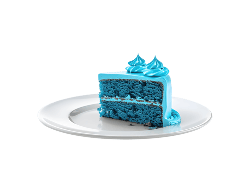 Blue sponge cake slice on a white plate. Isolated on a transparent background. png