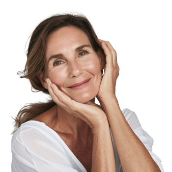 a woman smiling with her hands on her face png