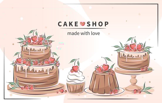 Cake shop. Set dessert and pastry dishes. Different cakes. vector