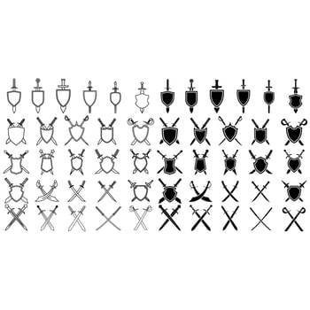 Shield and sword icon set. Shield illustration sign collection. Sword symbol or logo. vector