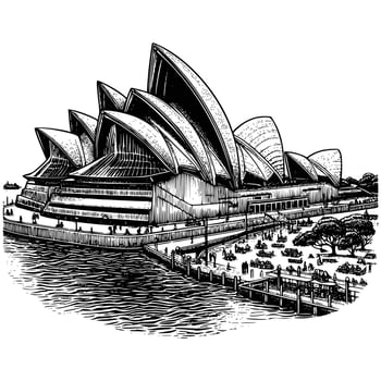hand drawn Illustration of Sydney Opera House. engraving black and white Sydney Opera House illustration isolated on white background, famous landmarks drawing vector