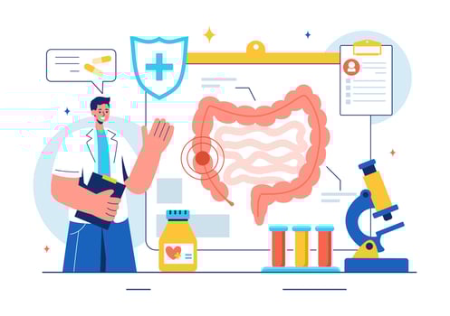 Vector Illustration of a Proctologist or Colonoscopy with a Doctor Examining the Colon and Showing Harmful Bacteria in a Flat Style Cartoon Background