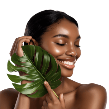 Beautiful African American young woman happy smile in the studio holds green tropical leaf in hands and covers a part of her face, png
