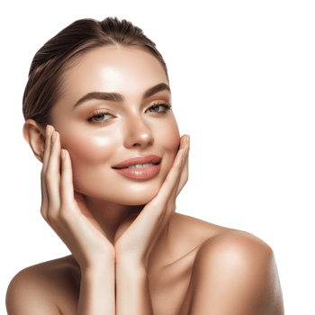 Beautiful beauty young woman with makeup and hand touch her face and perfect skin, png