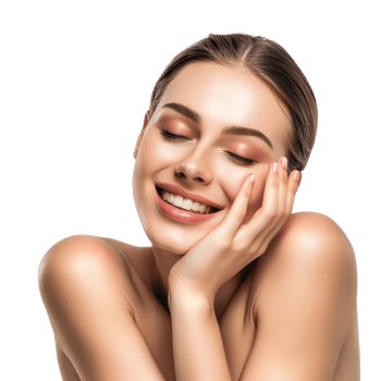 Young woman with makeup and hand touch her face and perfect skin, png