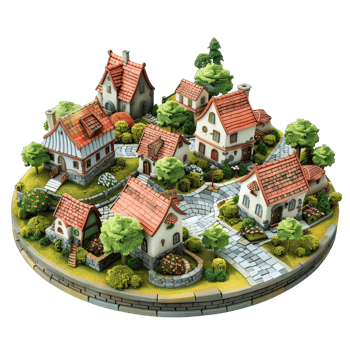 isometric village 3d png