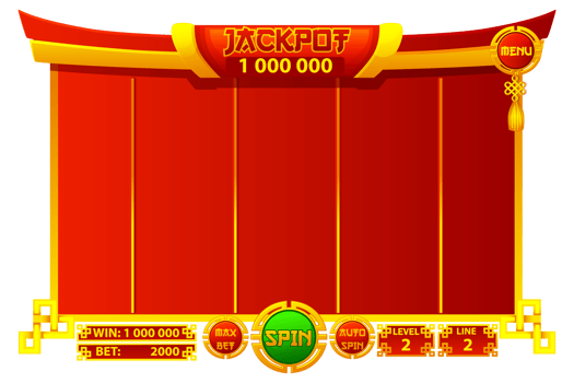 Casino slot machine game UI design, gambling mobile app concept for the Chinese themed Casino Game. The game user interface is cartoon-style with basic buttons for your designs png