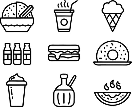 set off food and drink icon line art illustration.food, drink, beverage, restaurant, wine, meal, lunch, breakfas vector