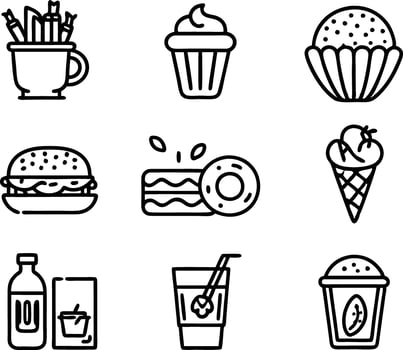 set off food and drink icon line art illustration.food, drink, beverage, restaurant, wine, meal, lunch, breakfas vector