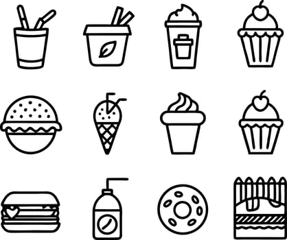 set off food and drink icon line art illustration.food, drink, beverage, restaurant, wine, meal, lunch, breakfas vector