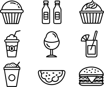 set off food and drink icon line art illustration.food, drink, beverage, restaurant, wine, meal, lunch, breakfas vector