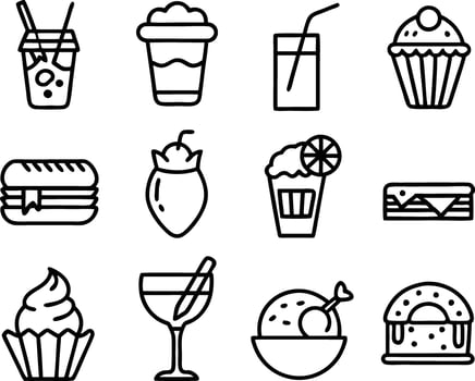set off food and drink icon line art illustration.food, drink, beverage, restaurant, wine, meal, lunch, breakfas vector