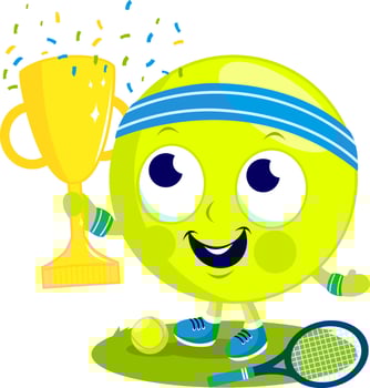 Tennis ball cartoon character champion cheering and holding the championship trophy. Tennis ball sport player with racket mascot. vector