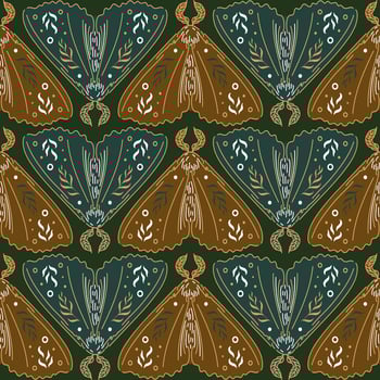 Moth, Elegant celestial seamless pattern with ferns. Boho magic background with butterflies. Halloween, witch, witchcraft, astrology, mysticism. For wallpaper, fabric, background. vector