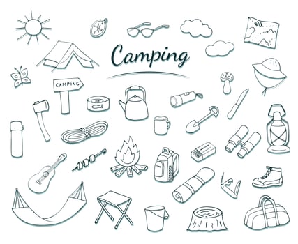 Camping set in doodle style. Hiking, trekking, travel, tourism concepts, Hand drawn illustration. Isolated design elements on white. vector