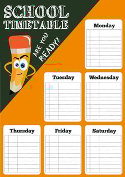 Bright school timetable with funny pencils and lettering. Orange and dark green colors. Portrait orientation. vector