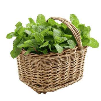 Mint leaves in a wicker basket transparent background png