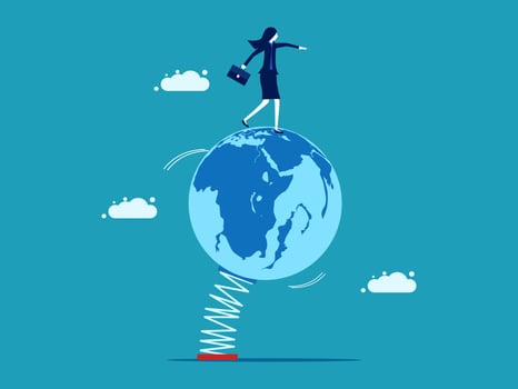 businesswoman standing on top of a globe with a business bag vector