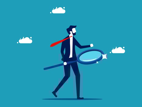 businessman with magnifying glass and red tie walking on blue background vector