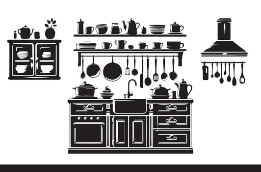 black silhouette image art of a kitchen against a white Background vector