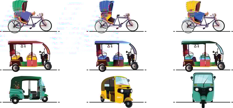 Set of Three wheelers yellow and green auto rickshaw, Tuk tuk Indian rickshaw, side view illustrations in India vector