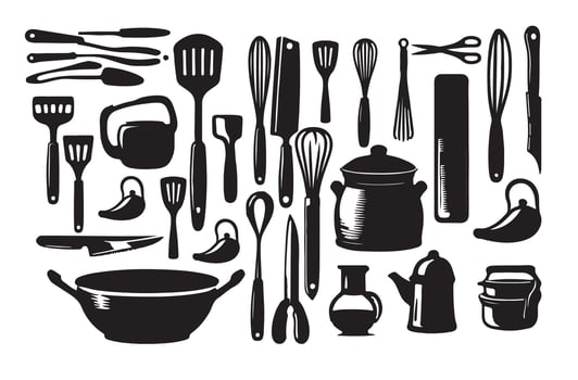 Domestic Kitchen tools accessories silhouettes vector