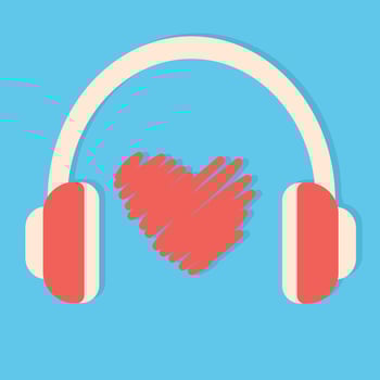 Retro headphones and hand drawn scribble heart on blue background. Vintage emblem of music lover. illustration vector