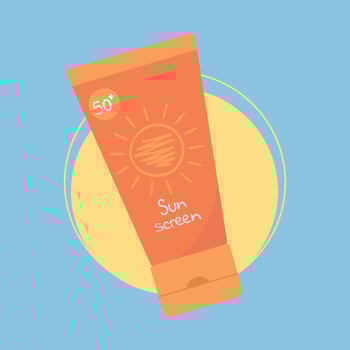 Tube with sunscreen product on sun background. SPF UV protection summer skincare product. SPF cream or lotion. illustration vector