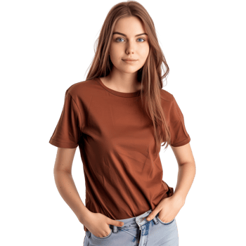 A woman wearing a brown T-shirt mockup, isolated on a transparent background png