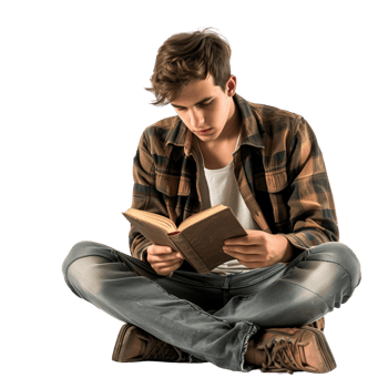 A young man sitting cross-legged on the floor, immersed in reading a book, isolated on a transparent background png
