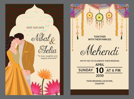 hindu wedding card design, mehndi, unique hindu wedding card design, shubh vivah, save the date, Hindu Couple vector