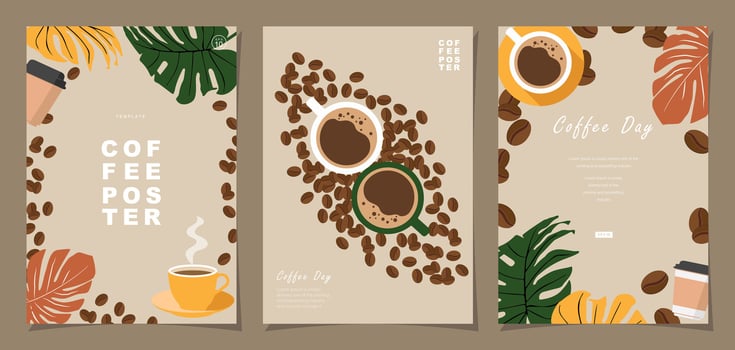 Set of sketch banners with coffee beans and leaves on minimal background for invitations, cards, banner, poster, cover, cafe menu or another template design. vector