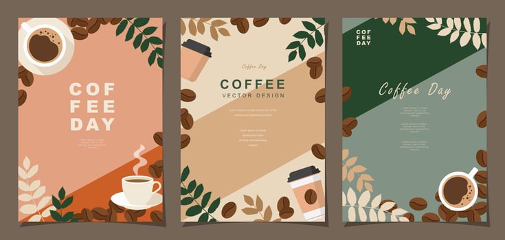 Set of sketch banners with coffee beans and leaves on minimal background for invitations, cards, banner, poster, cover, cafe menu or another template design. vector