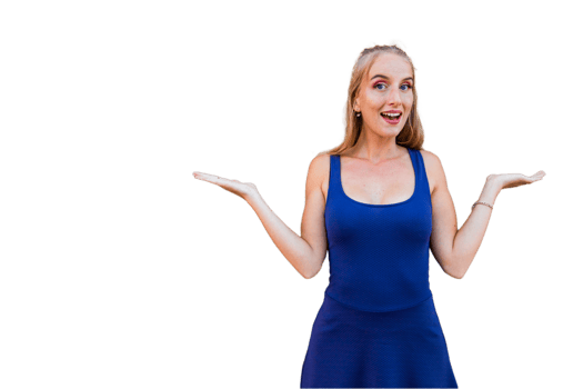 Attractive woman with surprised expression and raised arms, model isolated on transparent background png
